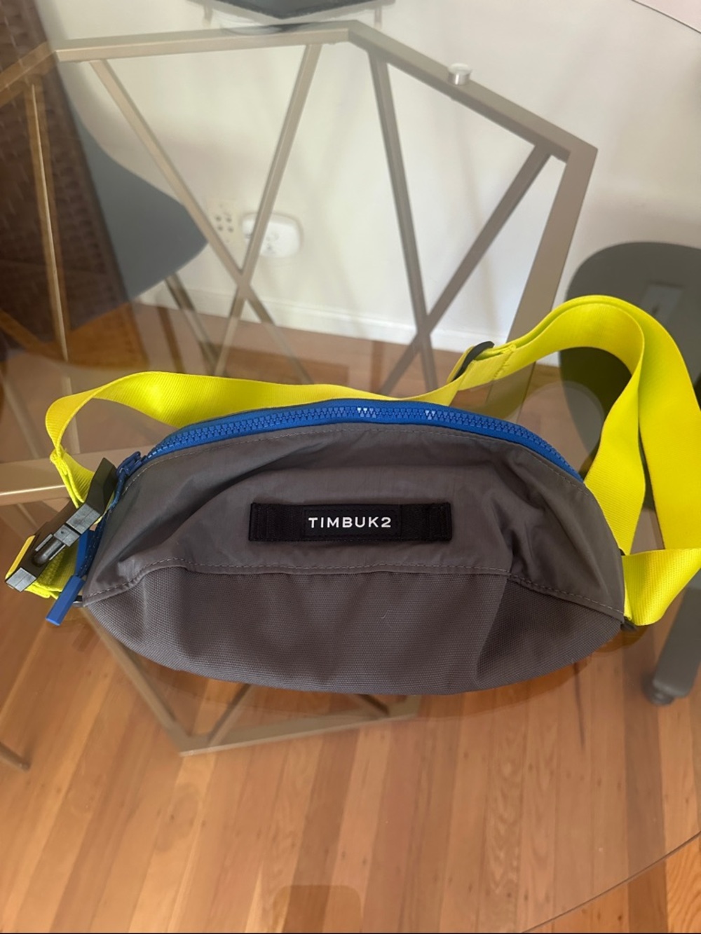 Timbuk2 Gray Belt Bag with Blue Zipper and Neon Yellow Strap